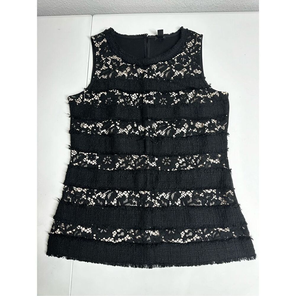 J.Crew Womens Textured Tweed Fringe Top Size XS Black Tan Sleeveless Shirt Tank
